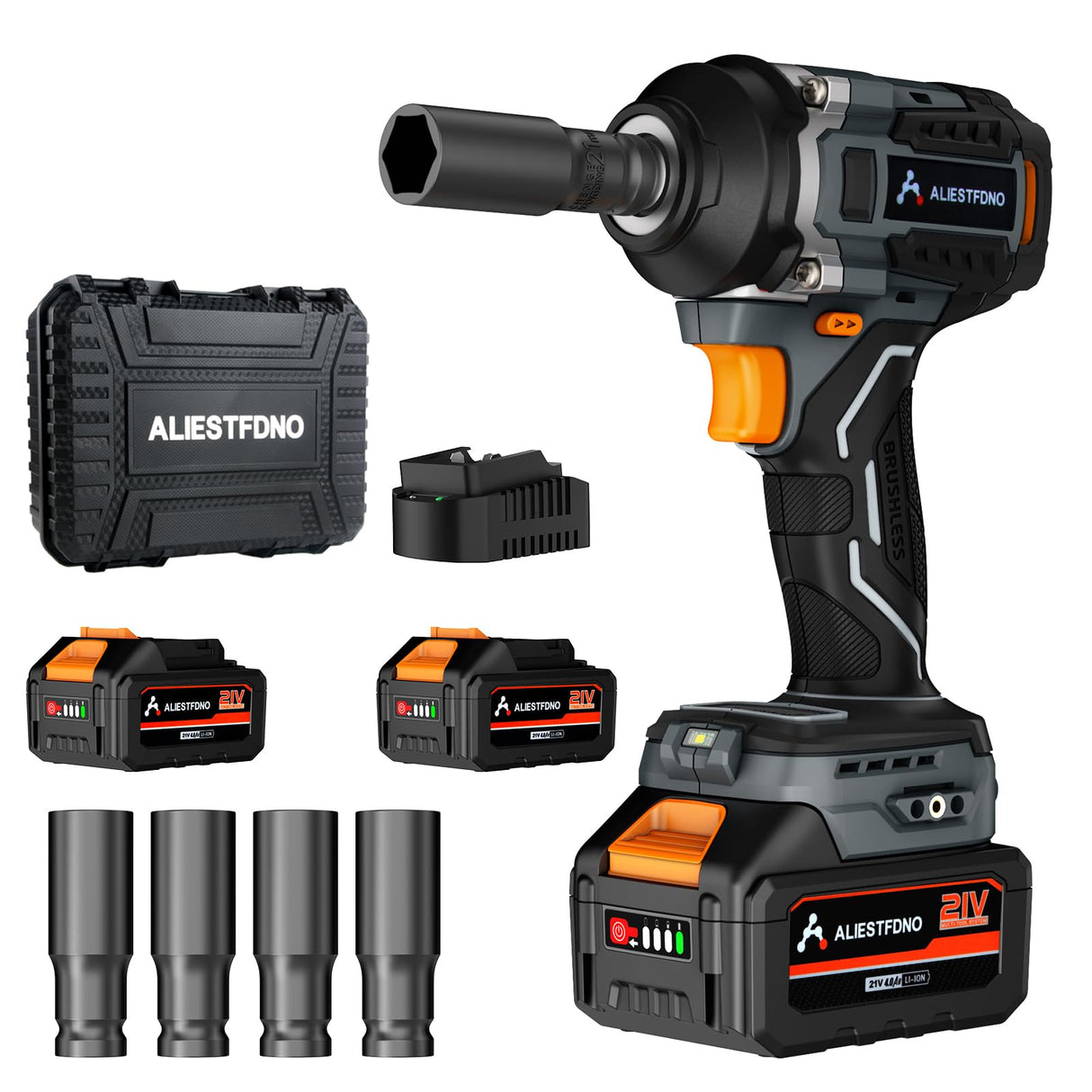 ALIESTFDNO 1/2 inch Cordless Impact Wrench, with Max TRQ (800N.m) 590Ft-lbs Brushless Electric Impact Gun, 2 x 4000mAh Battery, 4 Sockets, 3000RPM High TRQ Impact Driver for Home Car Truck Mower ALIESTFDNO