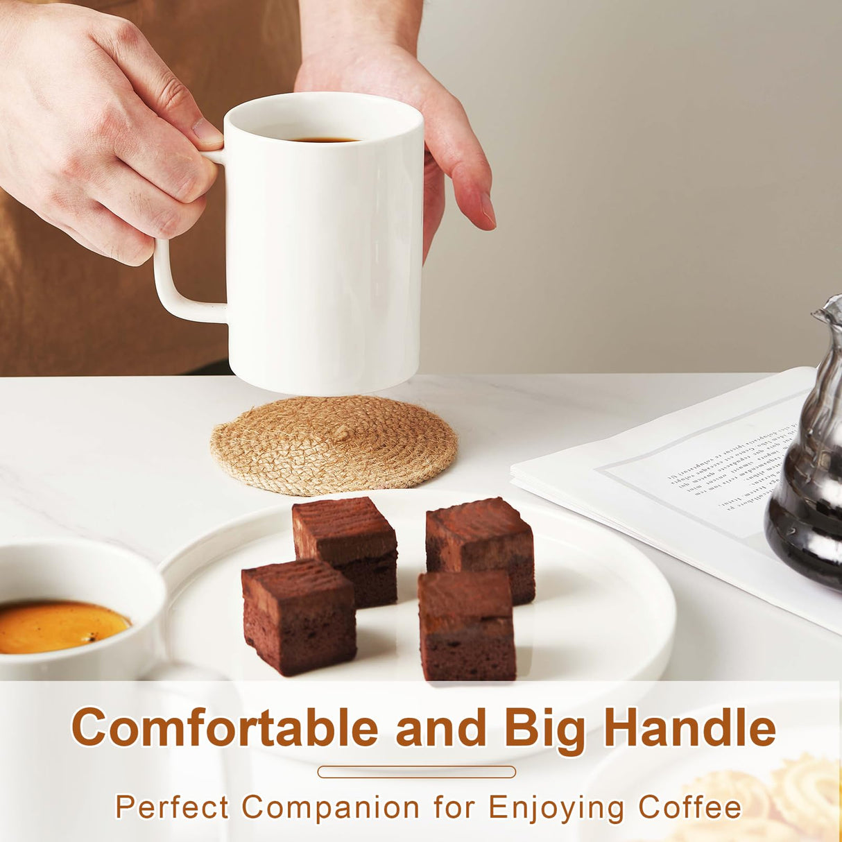 Jassceram Coffee Mugs Set of 6, 18 Ounce Porcelain Mugs for Latte, Hot Tea, Cappuccino, Cocoa and Milk, Ceramic Coffee Cups with Large Handle - Dishwasher & Microwave Safe, White Jassceram