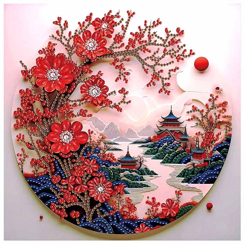 antor Special Shape Diamond Art Kit for Adults, 5D Diamond Painting Kits for Beginner, Crystal Rhinestone Landscape Painting with Red Plum Blossoms, DIY Diamond Painting for Home Wall Decor Gift antor