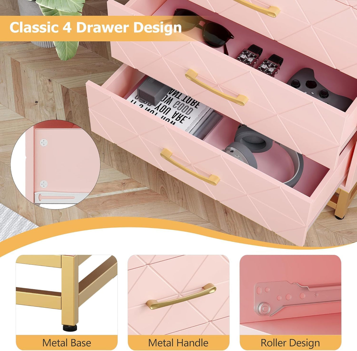 TrailBlaze 4 Drawer Dresser for Bedroom, Wooden Chest of Drawers, Modern Storage Tower with Metal Handles and Legs, Storage Organizer Unit with Anti-Tipping Device for Bedroom, Living Room, Pink TrailBlaze