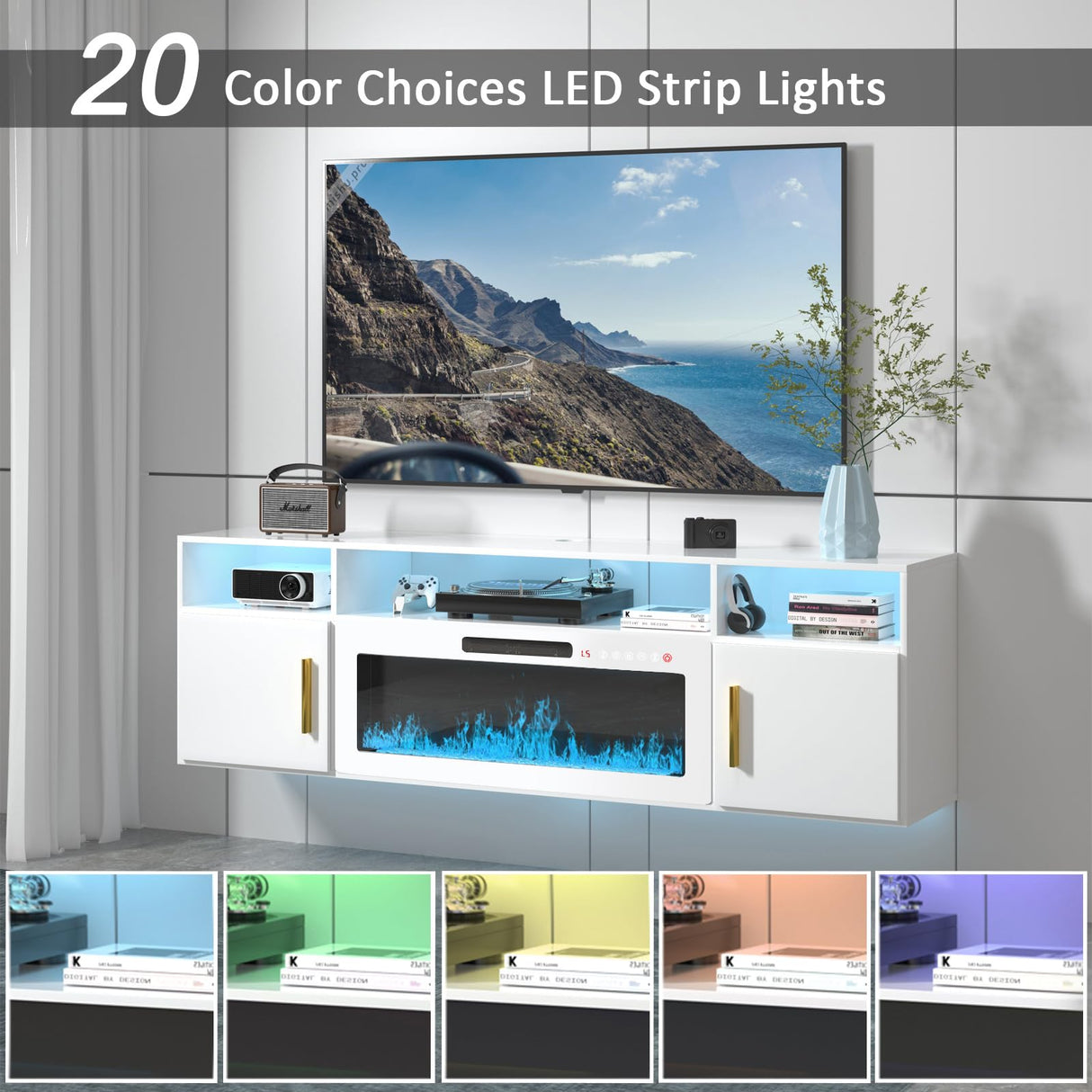 VENDORZ Floating TV Stand with Fireplace, 70" Floating Entertainment Center with White Fireplace, Wall Mounted Electric Fireplace TV Stand for Living Room Media Console with Storage Up to 80" TVs VENDORZ