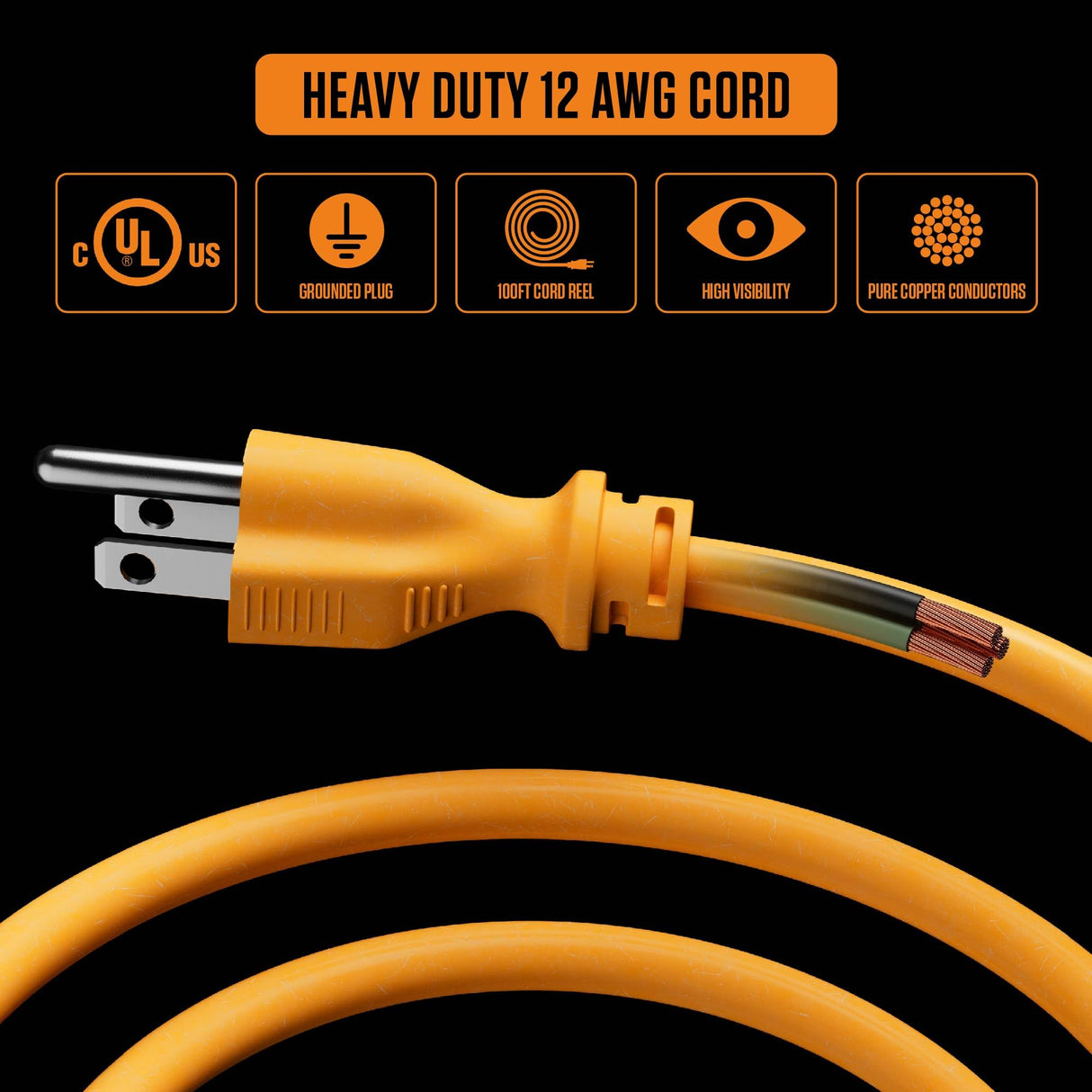 Masterplug 100ft Cord Reel, Metal Cable Drum, Retractable Extension Lead with Winding Handle, Safety Overload Circuit Breaker and Power Switch, 4x Grounded Outlets, 15amps, 12AWG Cable Masterplug