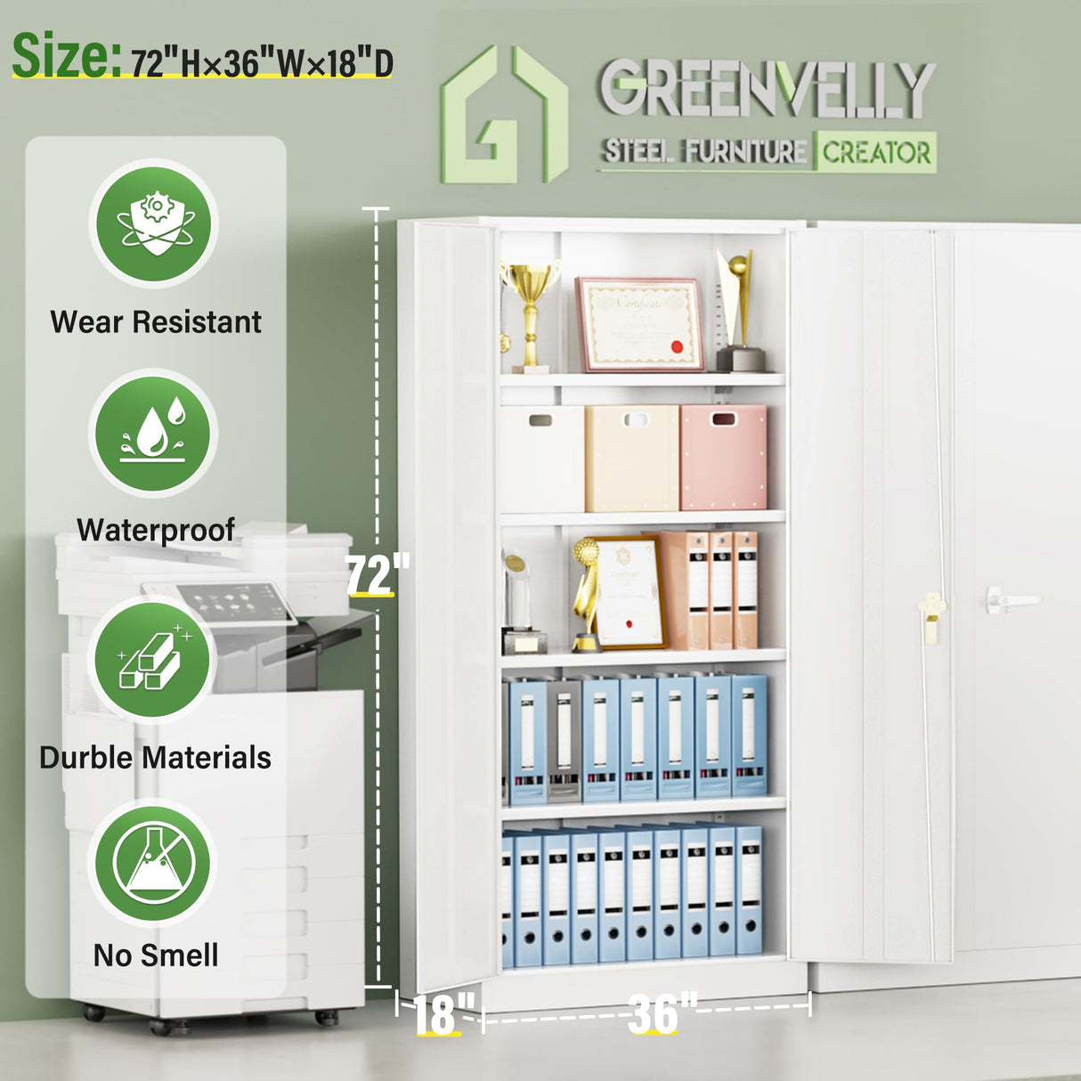 Greenvelly Metal Garage Storage Cabinet with 2 Doors and 4 Adjustable Shelves, 72”H White Steel Lockable Storage Cabinet,Tall Metal Cabinet Locking File Cabinet for Office,Home, Garage, Gym, School Greenvelly