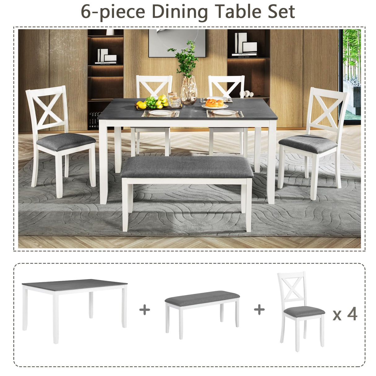 Harper & Bright Designs 6-Piece Dining Set with Bench, Kitchen Table Set with Wood Table, Upholstered Bench and 4 Cross Back Dining Chairs, White+Gray Harper & Bright Designs