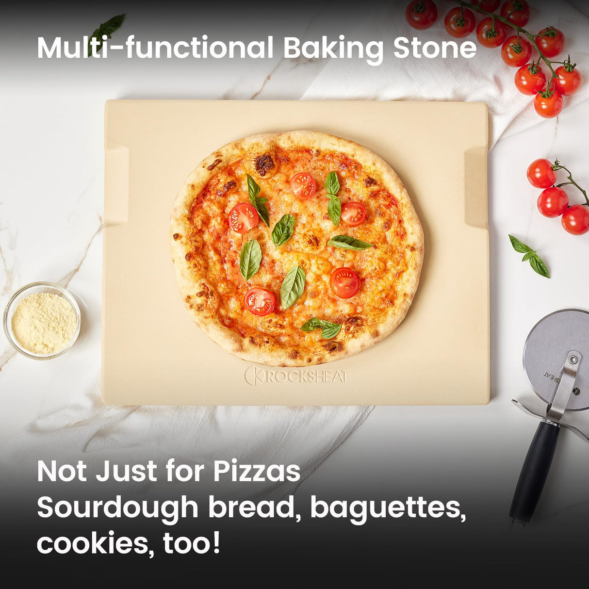 ROCKSHEAT Pizza Stone, 15"x12" Rectangular Pizza Stone for Oven Grill BBQ, Cordierite Baking Stone for Bread, Unique Built-in 4 Handles Cooking Stone ROCKSHEAT