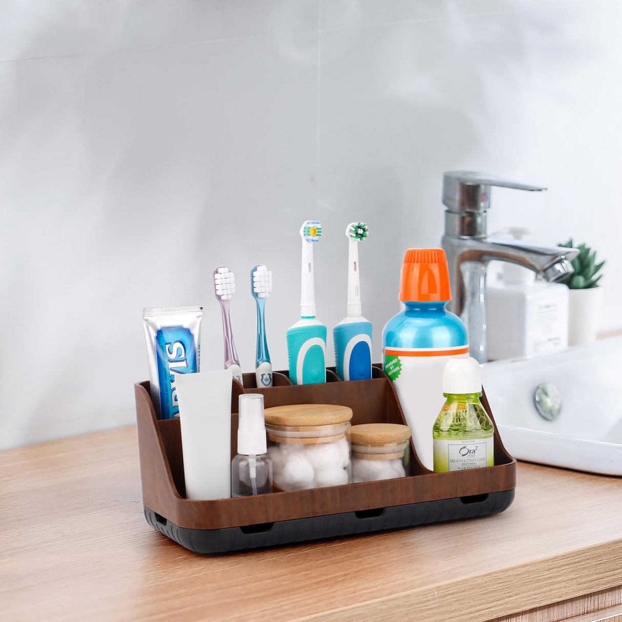 GFWARE Wood Toothbrush Holders for Bathrooms Countertop Organizer - Detachable 7 Slots Kid Bathroom Decor and Accessories, Wooden Bathroom Sink Storage Organization, Caddy, Tray, Brown GFWARE