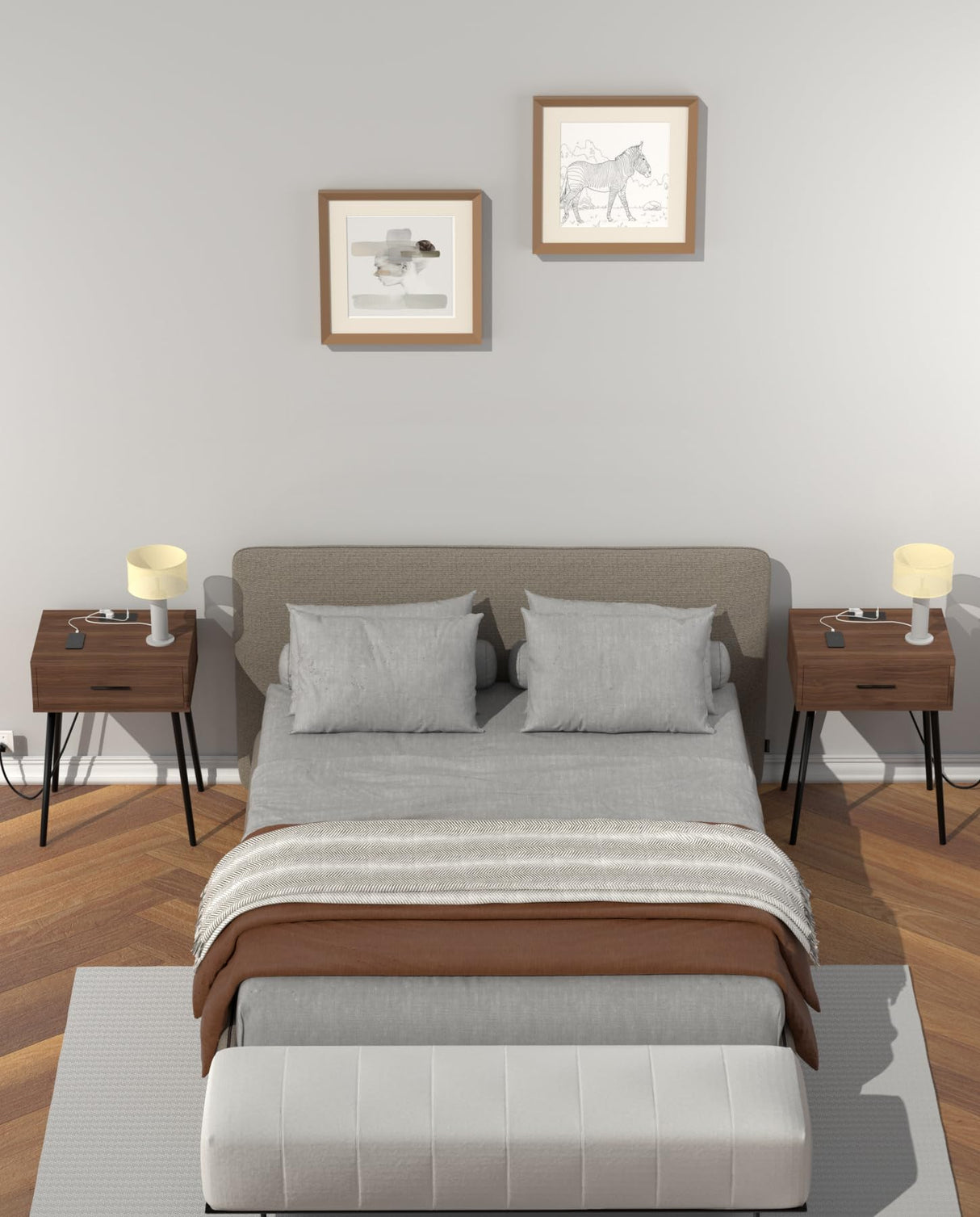 HAIOOU Set of 2 Mid Century Nightstand with Charging Station, End Table Modern Side Table One Drawer with Premium Matte Black Handle and Pine Wood Legs for Home Bedroom Living Room HAIOOU