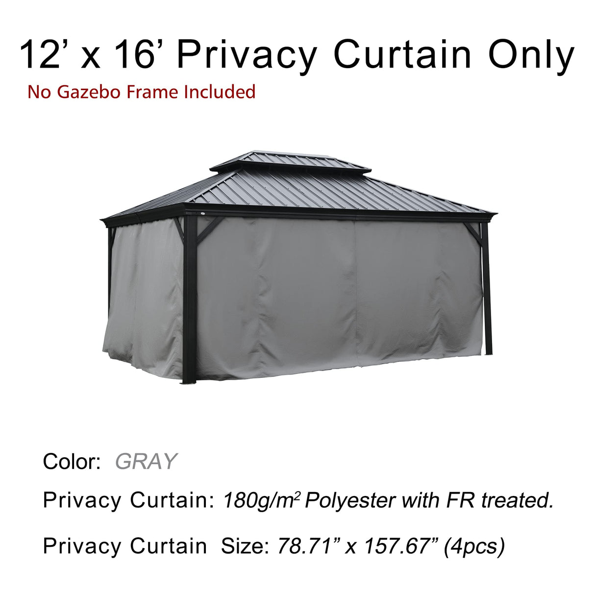 Kozyard Gazebo Privacy Curtain Outdoor Waterproof Sidewall for Hardtop Gazebo, OEM Replacement for Patio Gazebo Curtains for Alexander, Caesar, Rosana and Apollo Model (12ft x 16ft, Gray) Kozyard