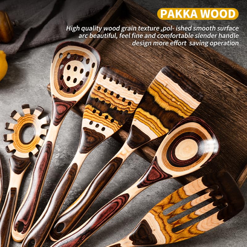 Gudamaye 7-Piece Brown Pakkawood Utensils Set – Sturdy, Eco-Friendly, Wooden Spoons for cooking, Wooden Utensil for cooking, Wooden Kitchen Tool, Home & Kitchen Gifts for Men and Women Gudamaye