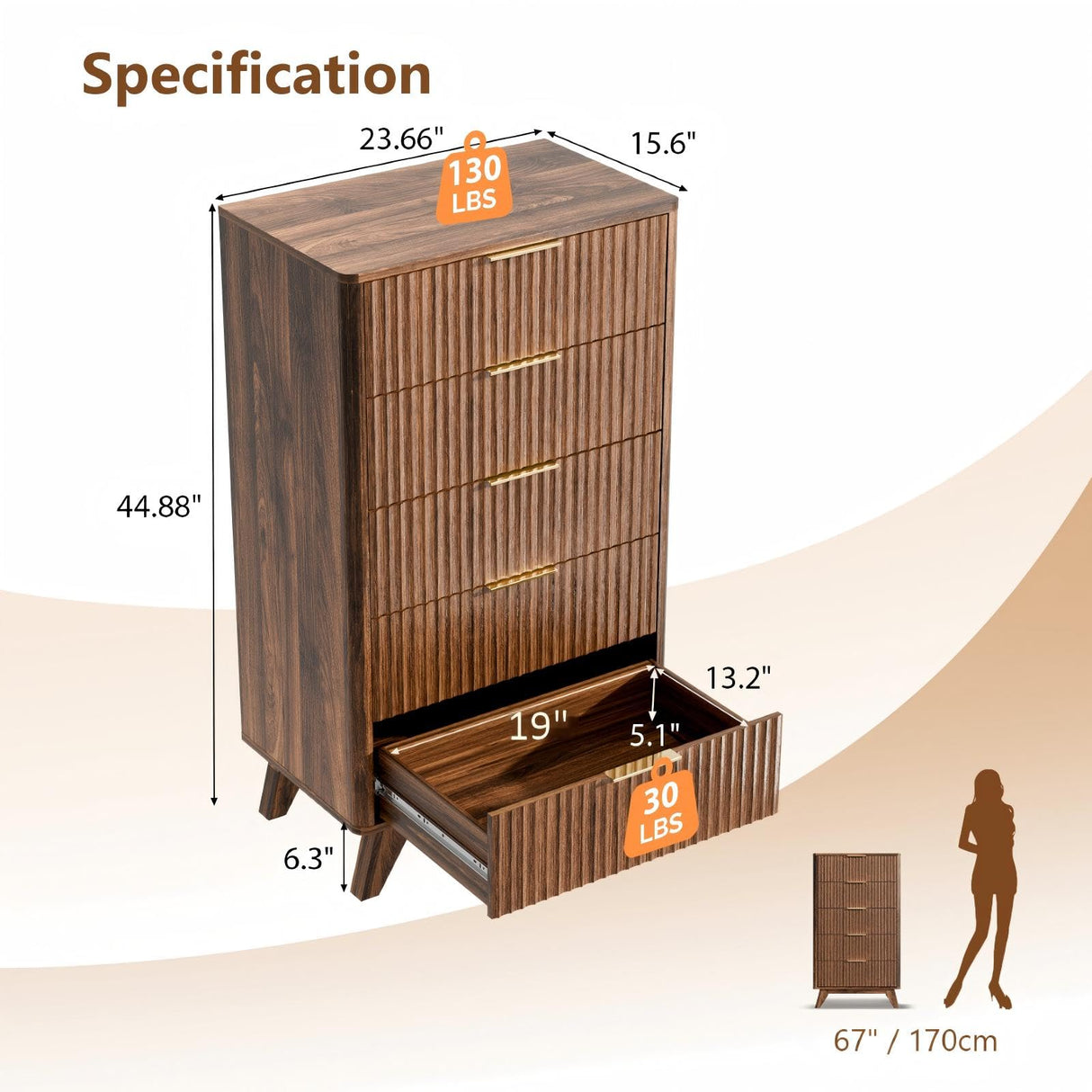 VINGLI Fluted Tall Dresser 5 Drawer, 23.66" W Chest of Drawers, Walnut Wood Dresser for Bedroom Mid Century Modern with Rounded Edge, 23.66" W*15.59" D*44.88" H VINGLI