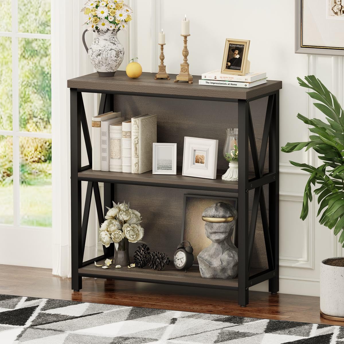 FATORRI Rustic Short 2 Shelf Bookshelf, Industrial Low Wood Bookcase, Farmhouse Small Book Case for Small Space (Walnut Brown) FATORRI