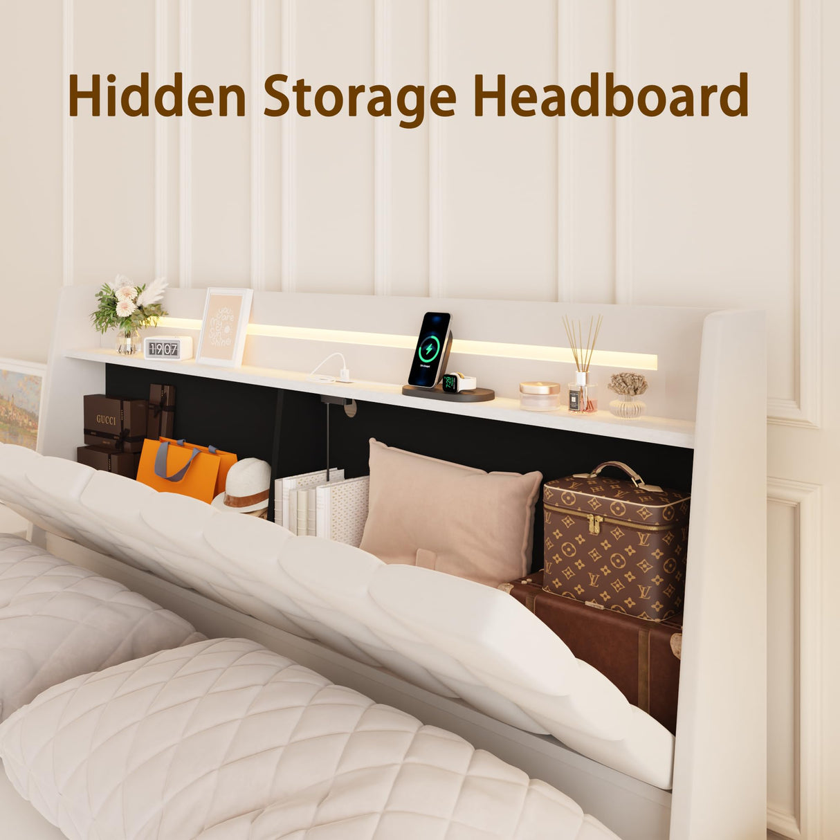 Ushow Modern Queen Floating Bed Frame with LED Lights, Storage Headboard & Charging Station in Beige USHOW