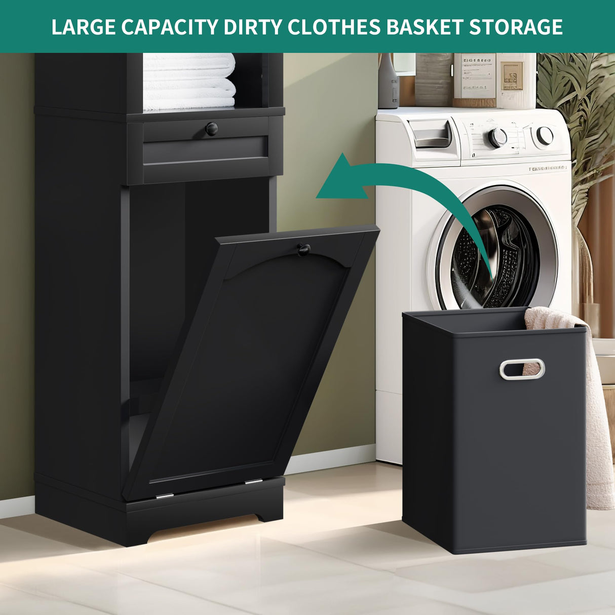 YITAHOME Tilt Out Laundry Hamper Cabinet, 53" Tall Hidden Laundry Hamper with Drawer, Bathroom Storage Cabinet Shelf with a Clothes Basket, Black YITAHOME