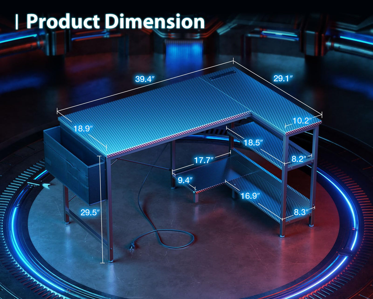 ODK 40 Inch Small L Shaped Gaming Computer Desk with Power Outlets, Corner Desk with Reversible Storage Shelves & PC Stand for Small Space, Modern Simple Home Office Table, Carbon Fiber Surface, Black ODK