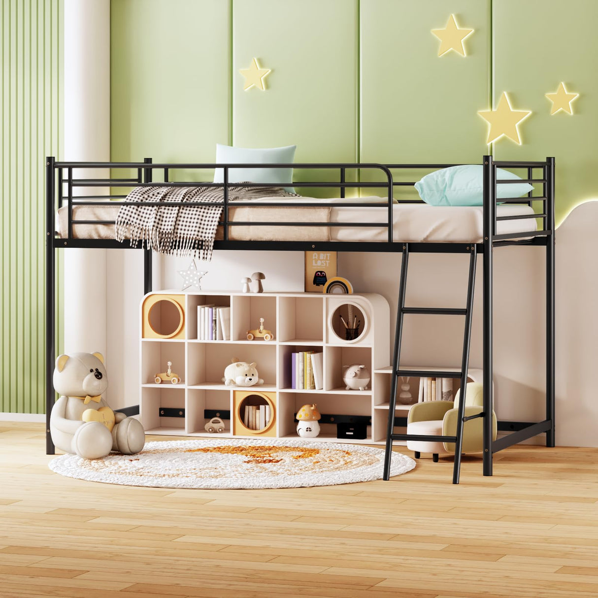 Bonnlo Low Loft Bed Twin Size, Metal Twin Bed Frame with Sloped Ladder & Safety Railings, Minimalist Space-Saving Design for Kids & Teens, Suitable for Bedrooms & Dorms, Mattress Not Included (Black) Bonnlo