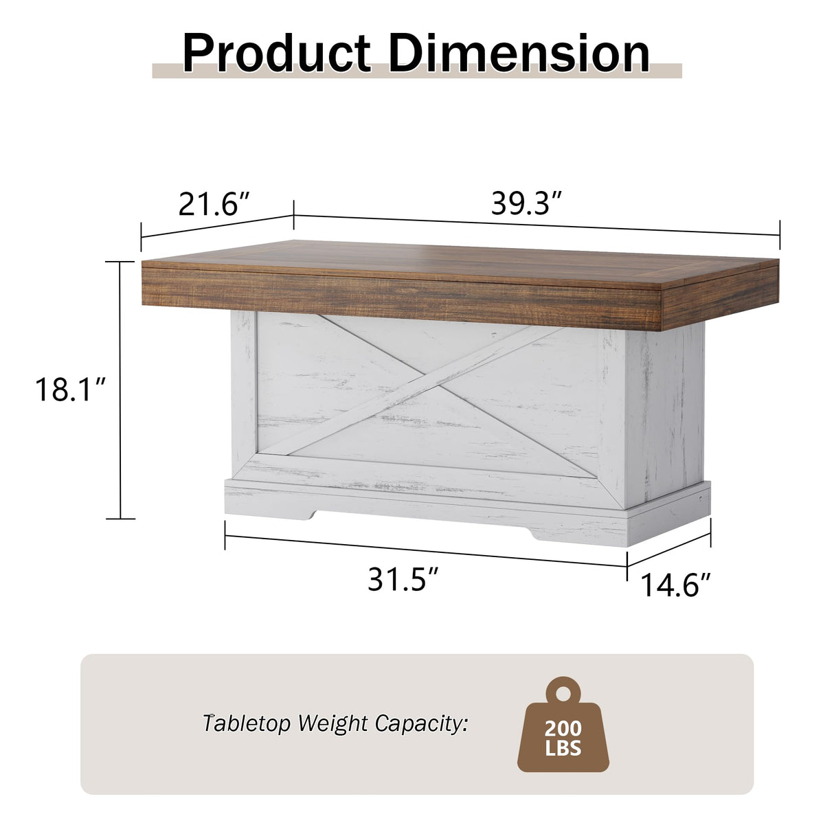 Lareth Coffee Table 39 in Farmhouse Center Table with X-Design Wooden Pedestal for Living Room, Space Saving, Easy Assembly Rectangle Home Office Tea Accent Table for Apartment, Antique White Walnut Lareth