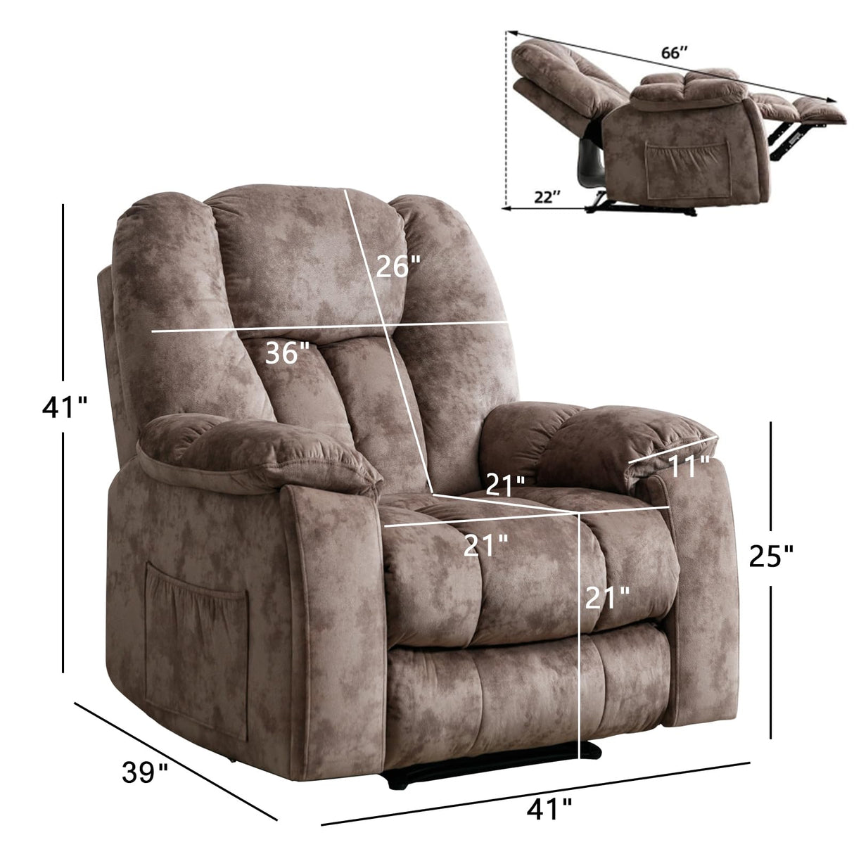 CANMOV Manual Reclining Chair-Overstuffed Recliner Chair with Cup Holder Side Pocket Footrest Fabric Recliners for Living Room Bedroom Apricot CANMOV