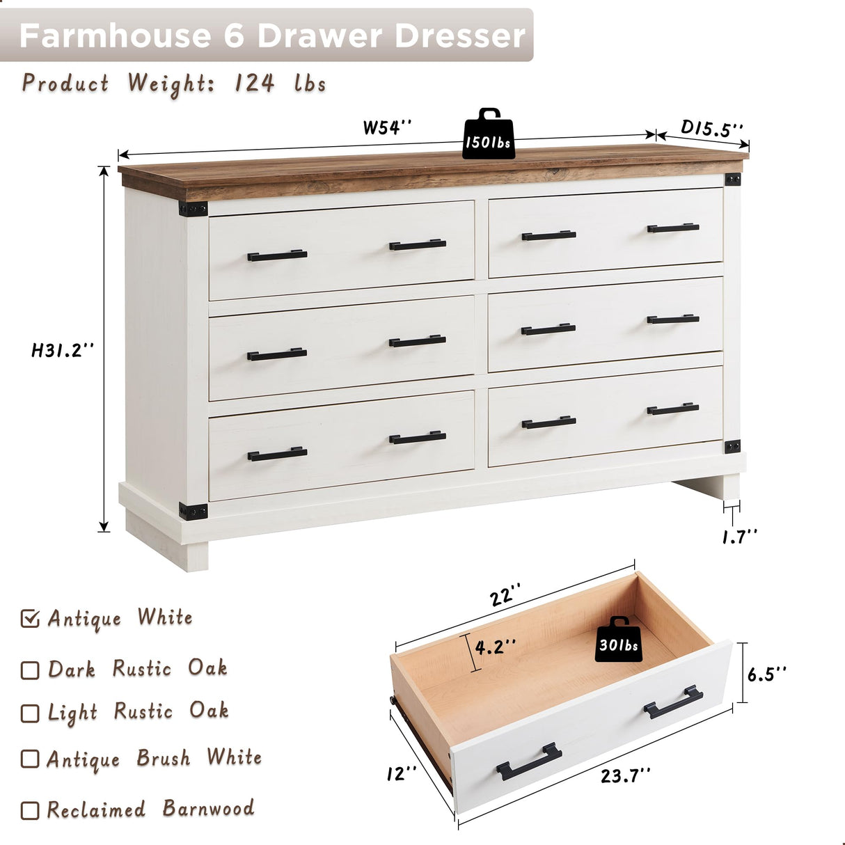 Farmhouse 6 Drawers Dresser for Bedroom, Wood Large Chest of Drawers with Thick Plank Styling, Rustic Closet Dresser for Bedroom or Living Room, Antique White RedLemon