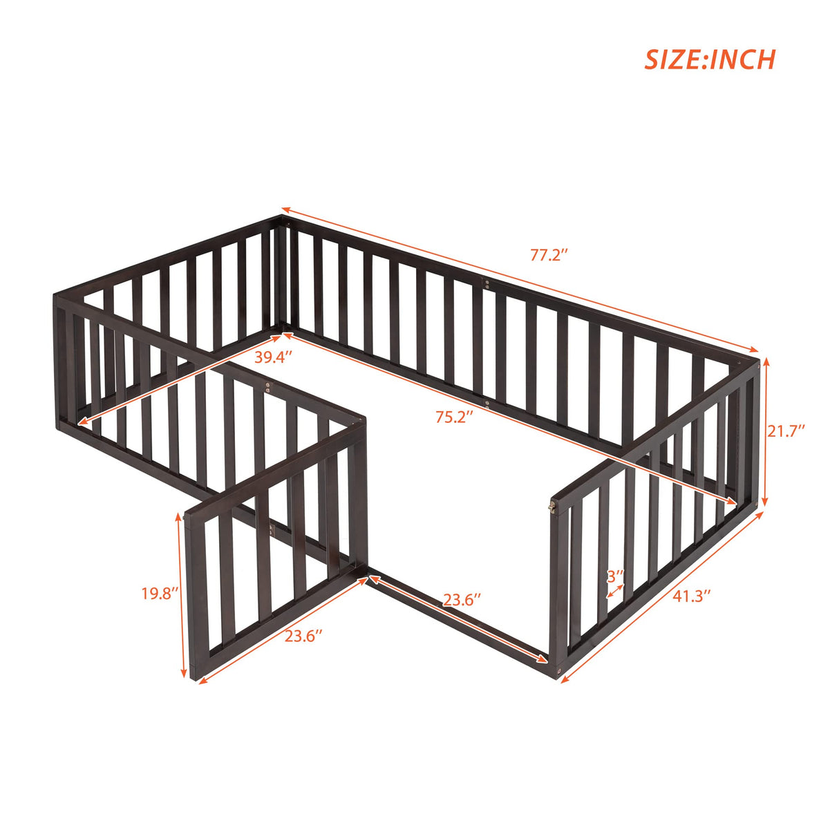 Harper & Bright Designs Twin Walnut Montessori Floor Bed with Fenced Design and Door for Kids Harper & Bright Designs