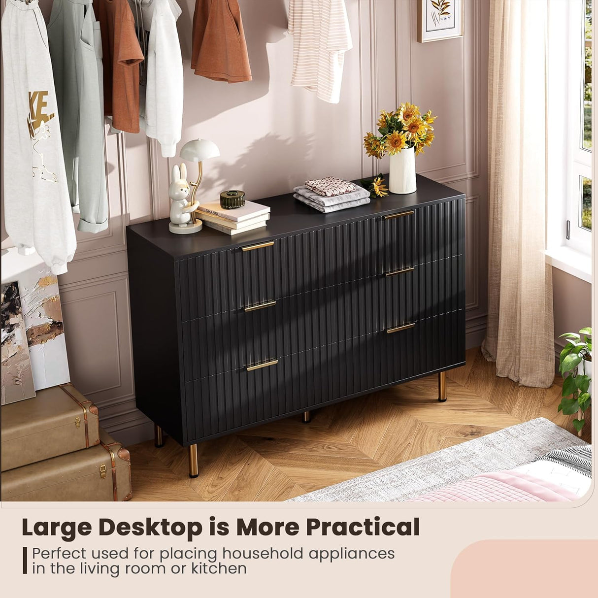 GarveeHome Fluted 6 Drawer Dresser for Bedroom, 47.2 in Wide Modern Chest of Drawers with Deep Drawers, Large Double Dresser TV Stand, Wooden Organizer for Living Room, Hallway, Kids Room, Black GarveeHome