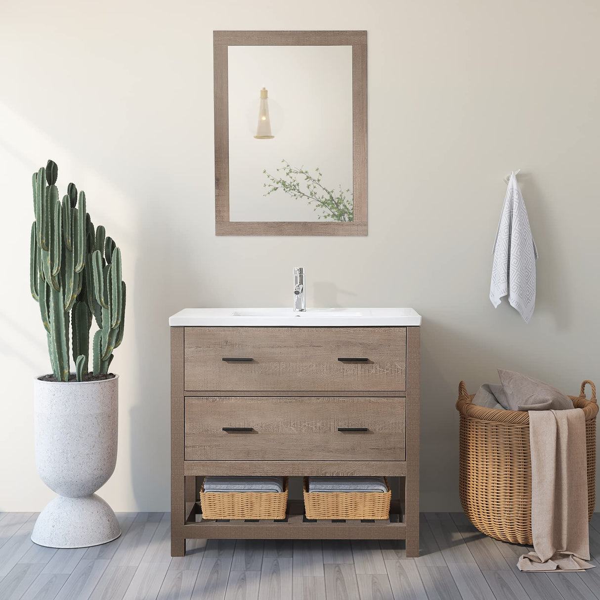 wonline 32" Bathroom Vanity and Sink Combo Cabinet Undermount Ceramic Vessel Sink Chrome Faucet Drain with Mirror and Shelf Vanities Set Wood Color wonline