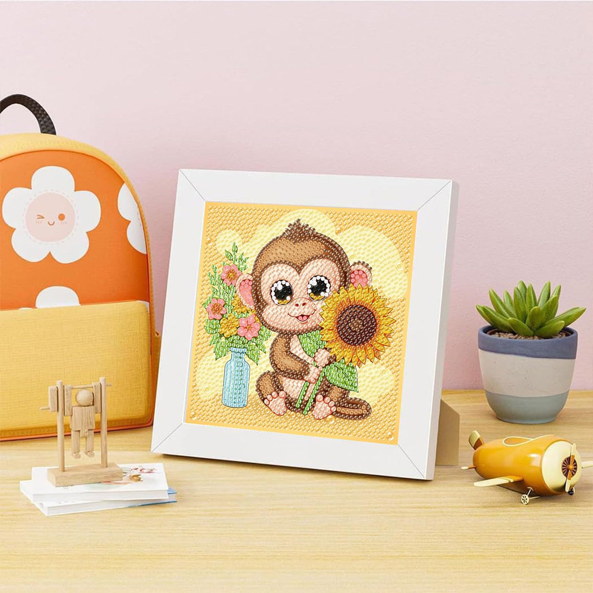 ajepon Monkey Diamond Art Kits for Kids with Frame, Animal Diamond Art for Kids Ages 8-12, Monkeys Diamond Painting Kits for Kid with Beautiful Package for Gift Home Wall Decor (7x7inch) ajepon