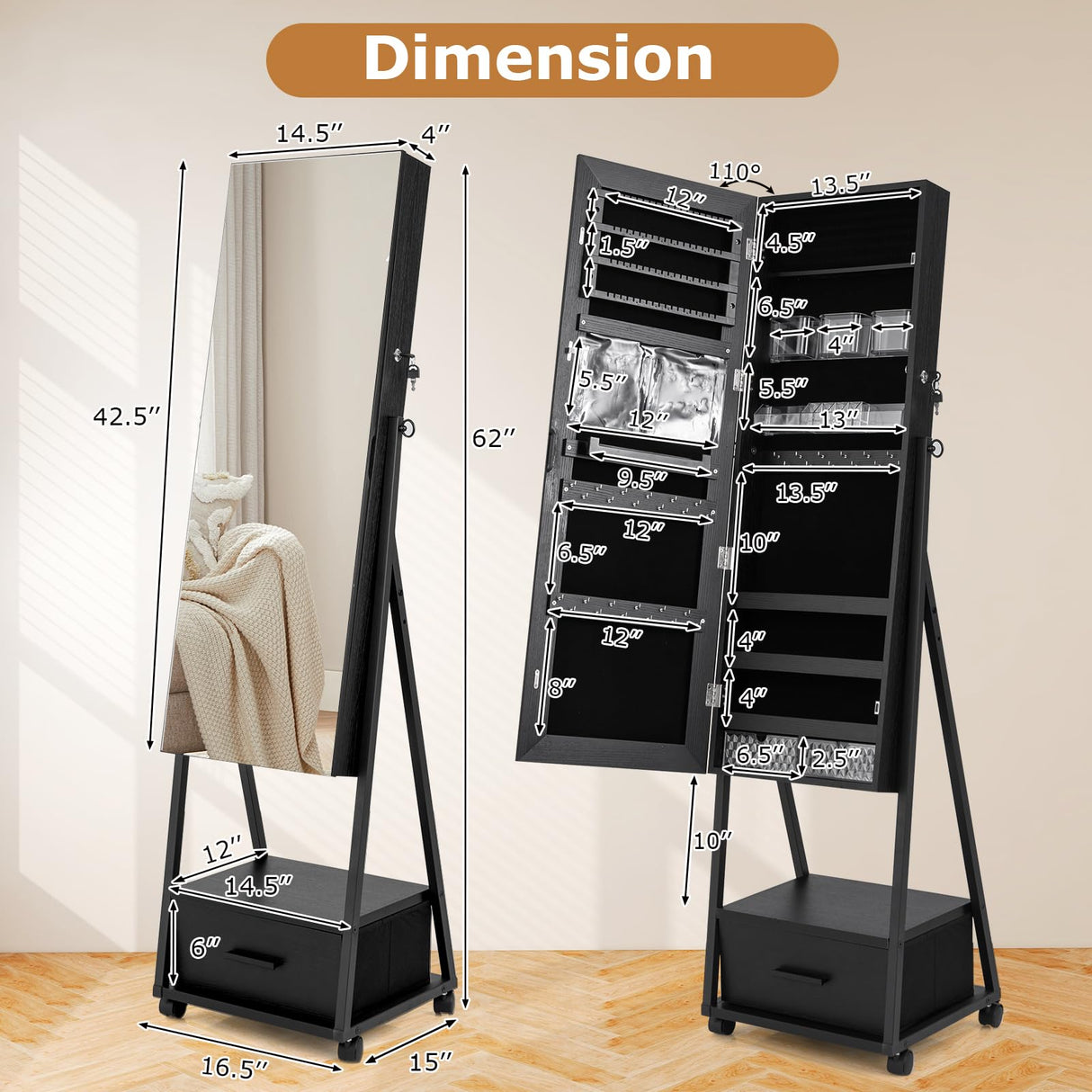 GOFLAME Rolling Jewelry Armoire Cabinet, Full Length Mirror with Storage, Floor Standing Lockable Jewelry Cabinet with Wheels, Drawers & Shelves, Large Capacity Jewelry Box Organizer (Black) GOFLAME