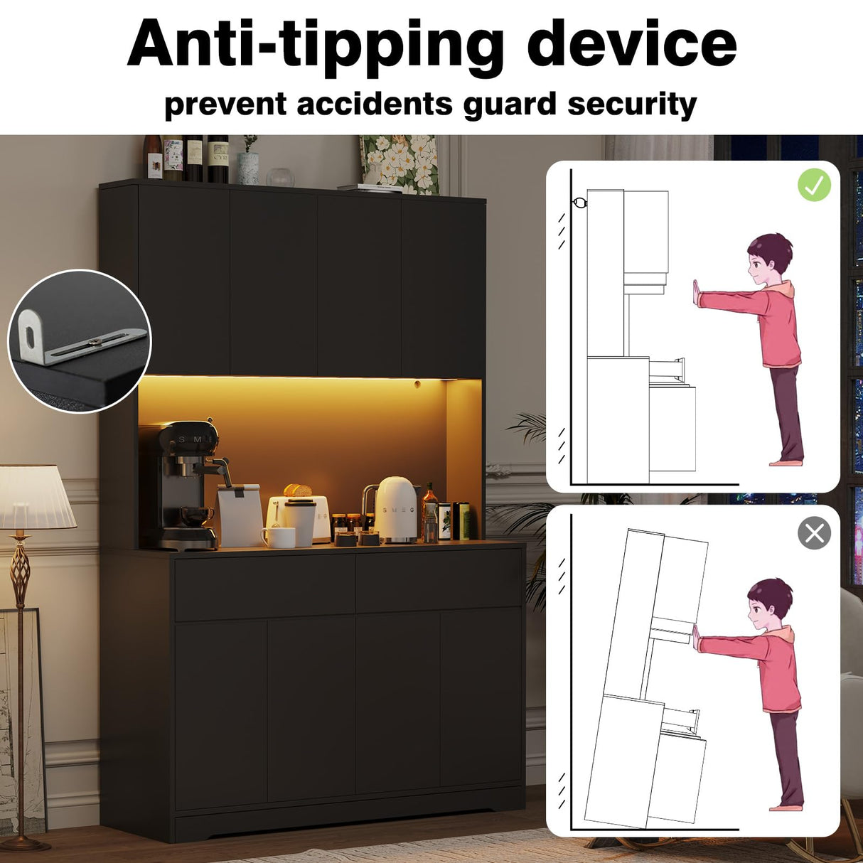 71" Tall Pantry Cabinet, 47" Wide Kitchen Pantry Storage Cabinet with LED Light & Outlet, Kitchen Hutch with Microwave Shelf, Door Shelves & Drawer & Adjustable Shelves, for Dining Room Hlivelood