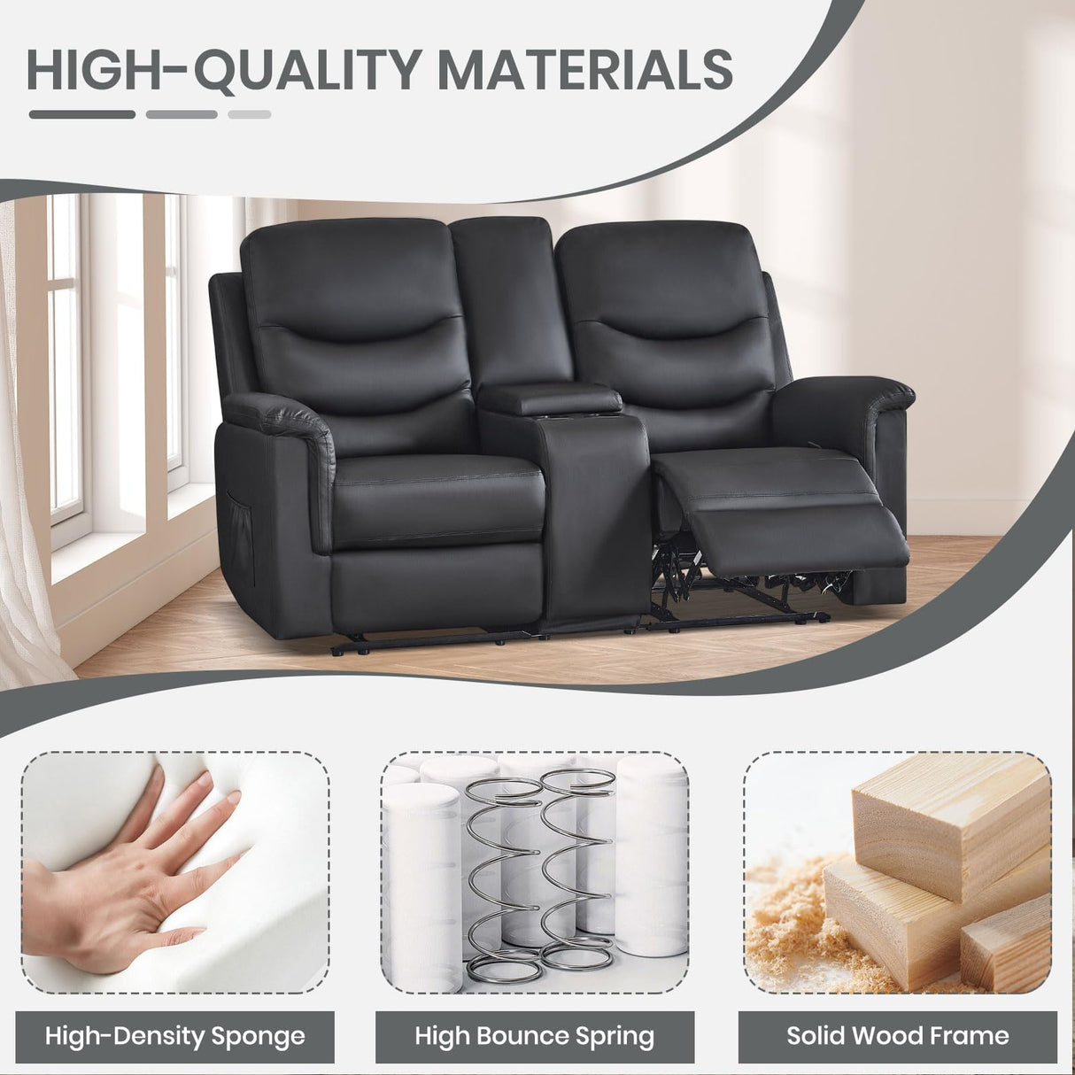 Consofa Reclining Loveseat with Console, Manual Loveseat Recliner Sofa, Wall Hugger Double Reclining Loveseat with Side Pockets & Cup Holders for Living Room, Office, Home Theater Consofa