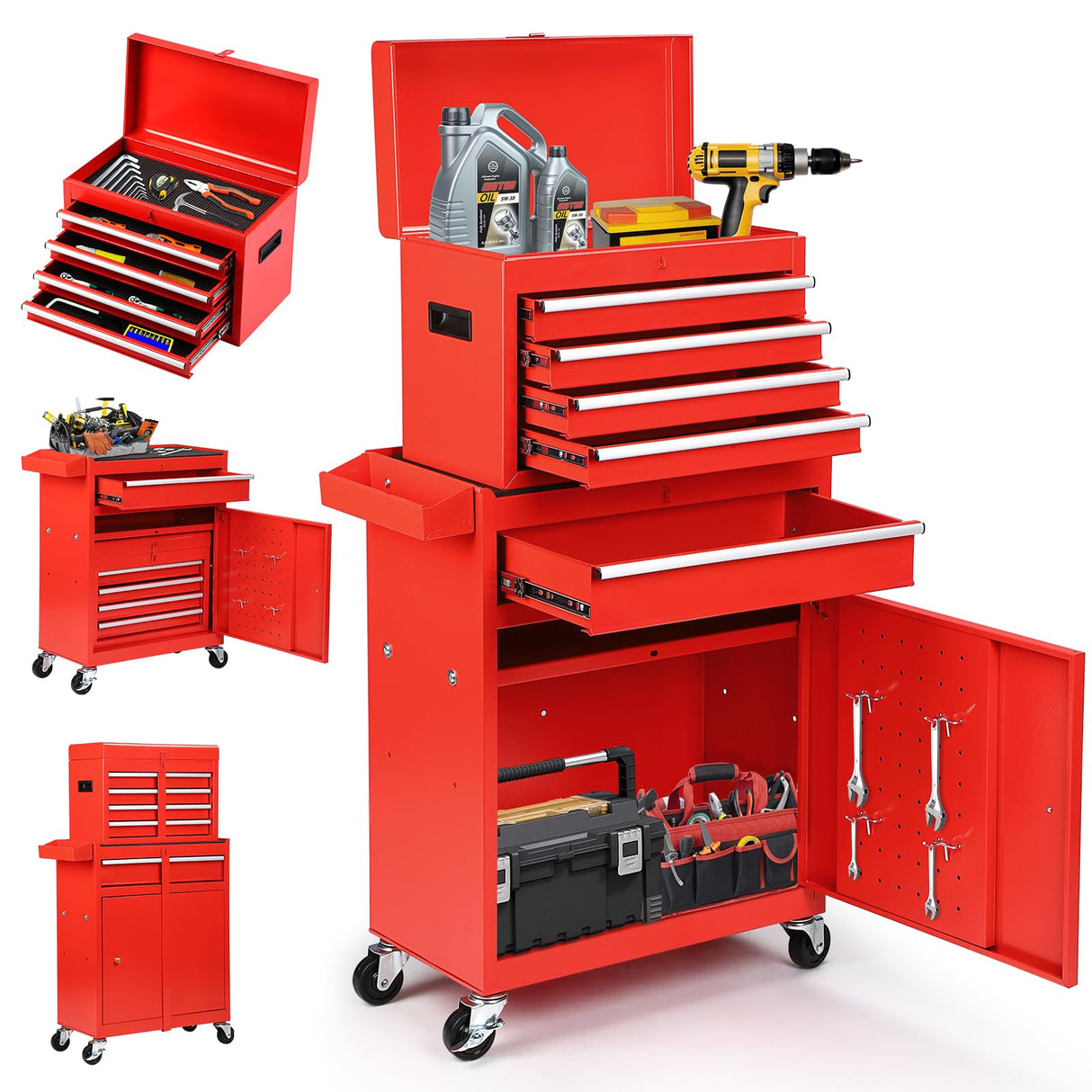 Dawmilon 5-Drawer Rolling Tool Chest, 2-in-1 Tool Box Organizer with Lockable Wheels, Sliding Drawers, and Detachable Top, Garage Workshop Tool Storage Cabinet, Red Dawmilon