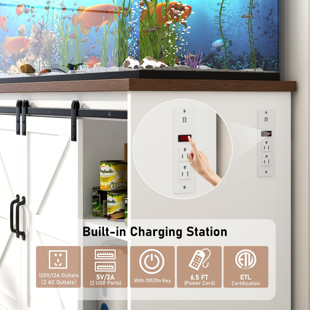 Hlivelood Farmhouse 55-75 Gallon Fish Tank Stand with Power Outlet, Aquarium Stand with Cabinet&Sliding Barn Door, Heavy Duty Reptile Tank Stand for 2 Fish Tank/Turtle Tank/Reptile Terrarium, White Hlivelood