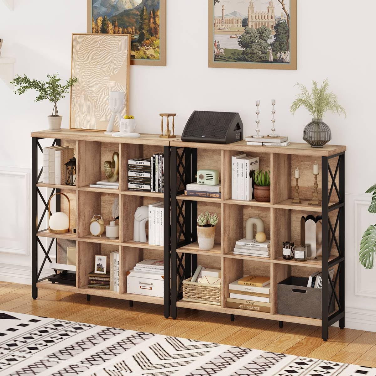 FATORRI 9 Cube Storage Bookshelf, Industrial 4 Shelf Book Shelf, Farmhouse Wood and Metal Cubby Bookcase for Home Office (39.37" W, Rustic Oak) FATORRI