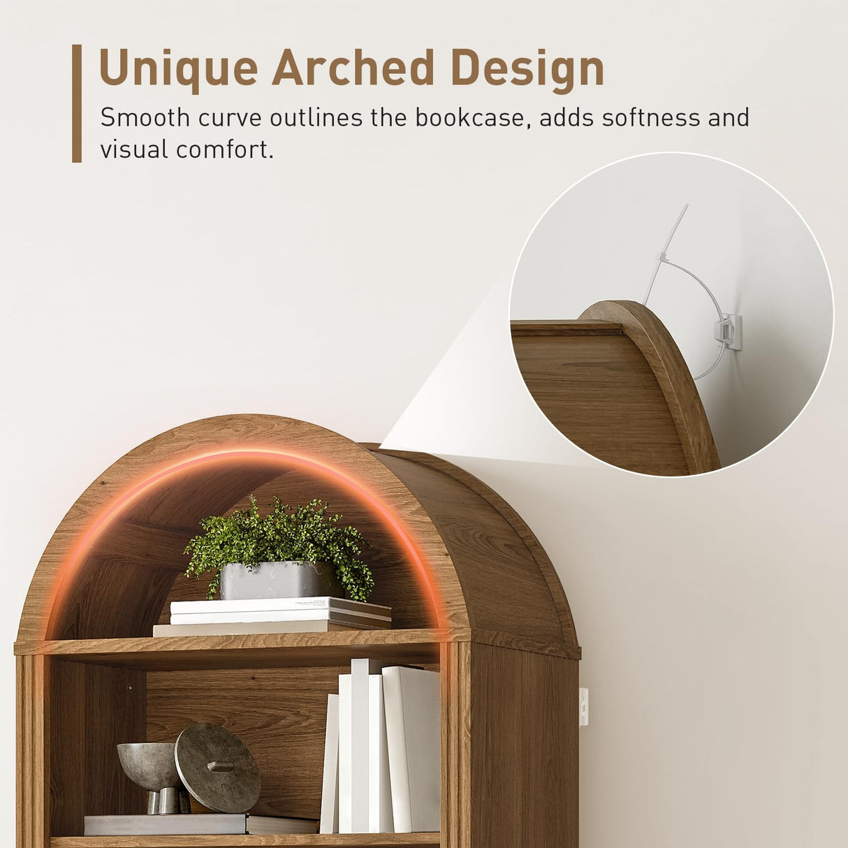 RALGEND Farmhouse Arched Bookshelf, 7 Tiers Arch Bookcase with 2 Spacious Drawers, Modern Book Shelf with Open Display Shelves and Storage Cabinet, for Office, Living Room, Kitchen, Walnut RALGEND