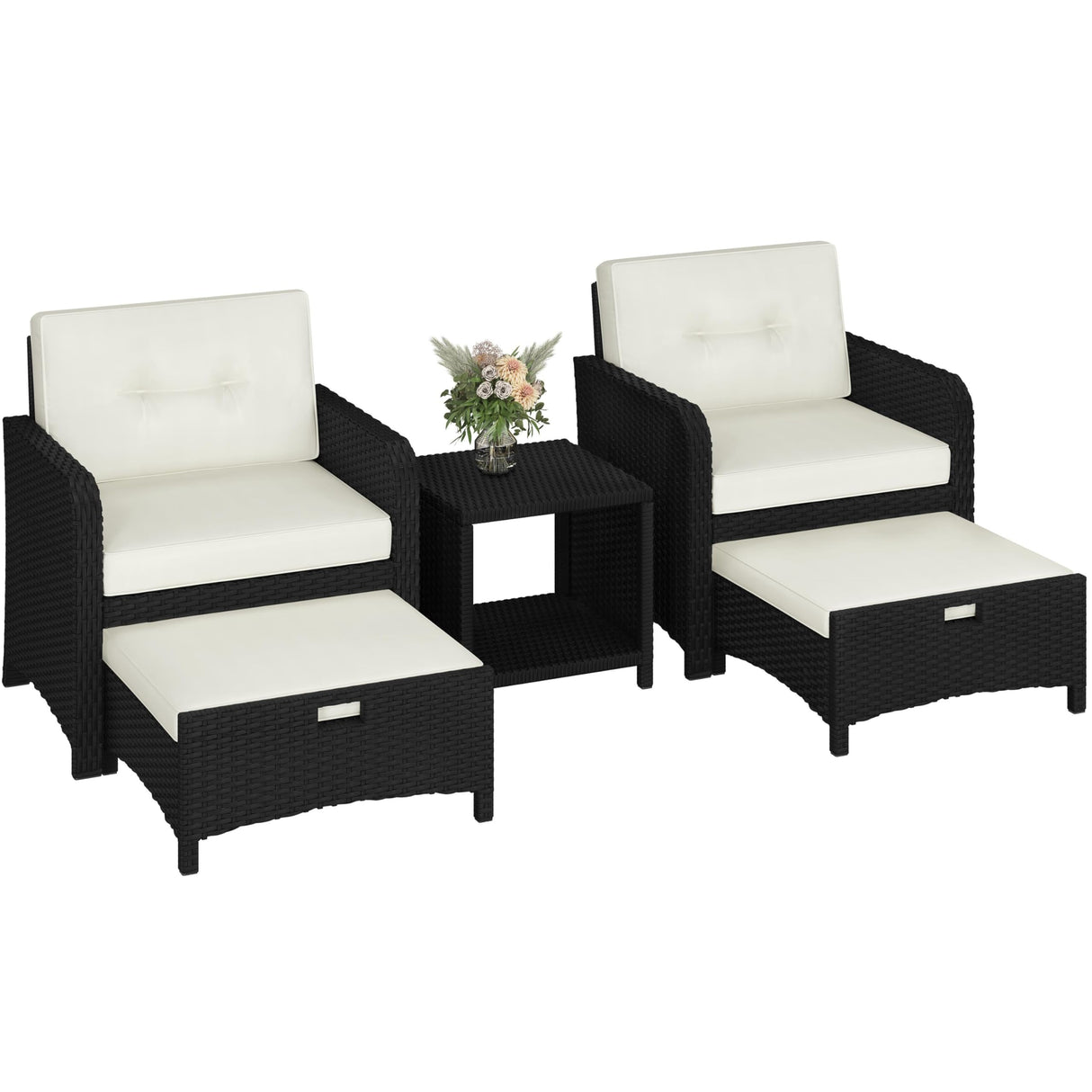 Yaheetech 5 Piece Patio Conversation Set with Ottomans, PE Wicker Balcony Furniture, Rattan Lounge Sofa with Cushions & Pillows, 2 Chairs & Side Table for Backyard, Porch, Garden, Black/Beige Yaheetech