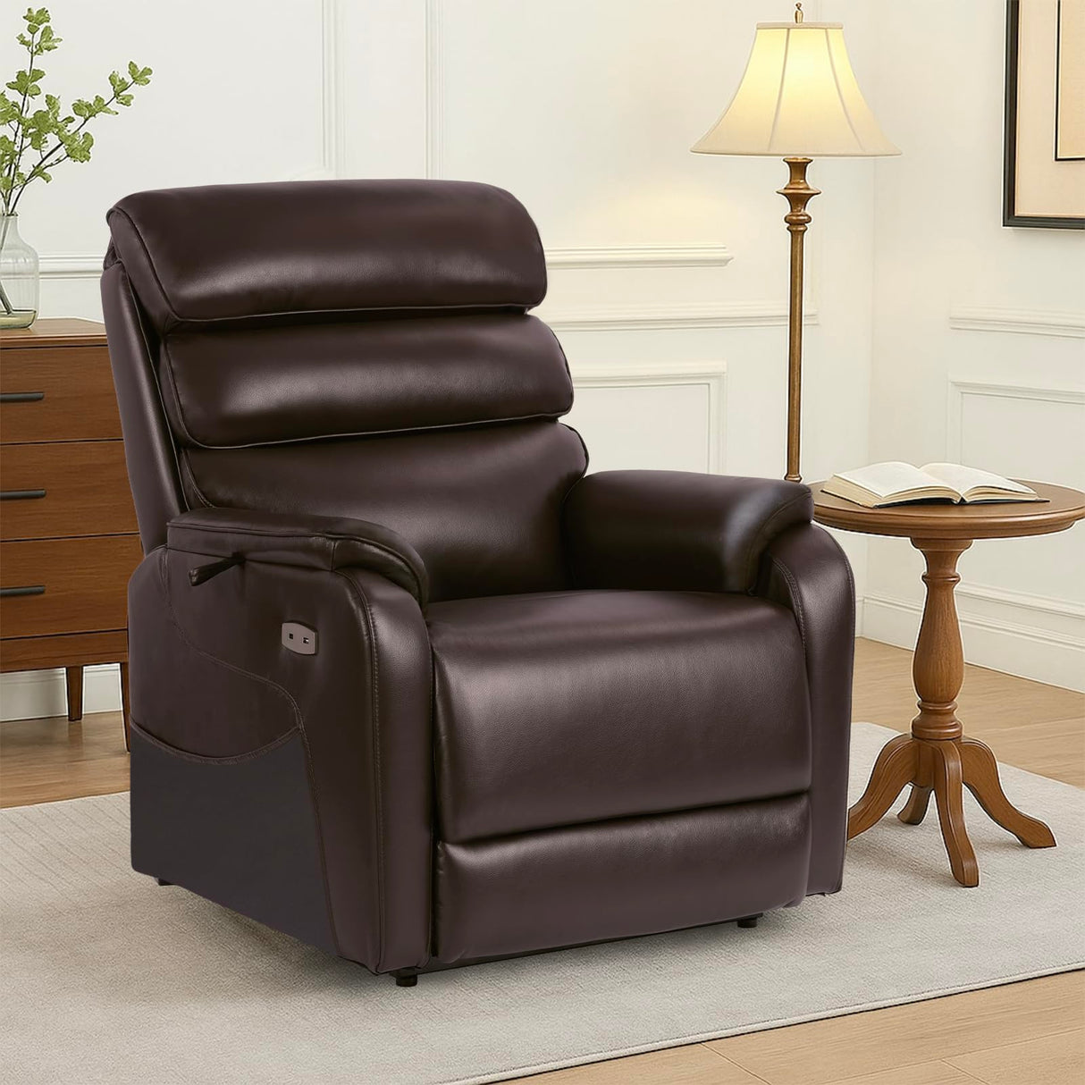 EONIX Dual Motor Lay Flat Power Lift Recliner Chair for Elderly, Electric Leather Lift Chairs for Adults, 400lbs Heavy Duty Power Recliner Lift Sofa with Heat and Massage, Dark Brown EONIX