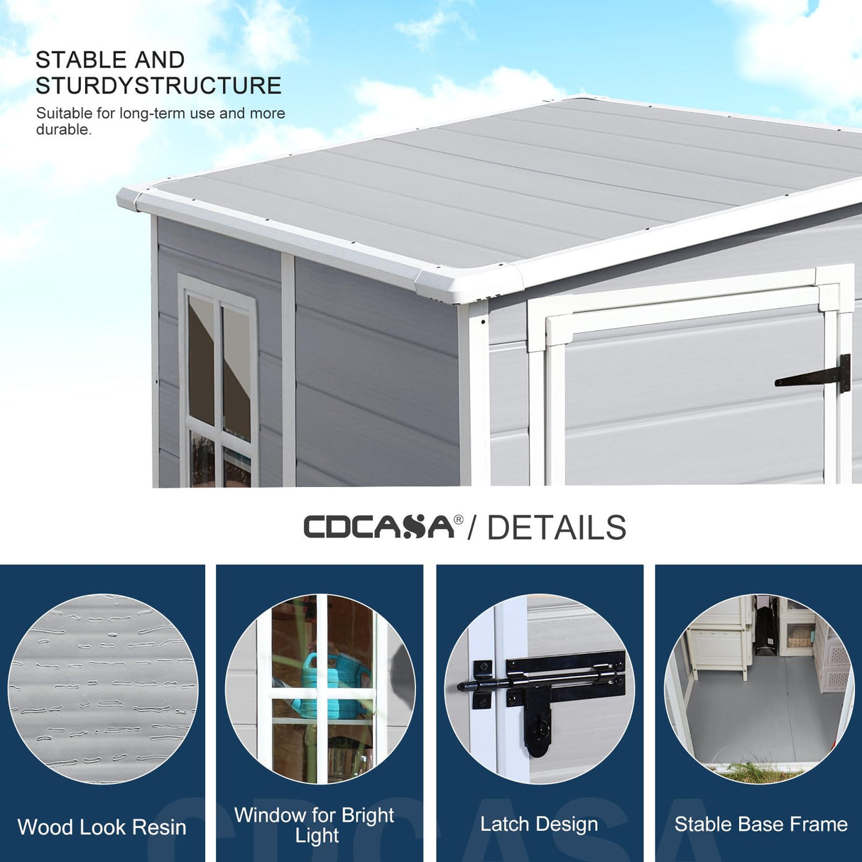 CDCASA 5x4 FT Storage Shed, Waterproof Resin Outdoor Storage Shed with Floor & Window & Lockable Door, Tool Shed for Garden Patio, Backyard,Lawn, All Weather Use, Light Gray CDCASA