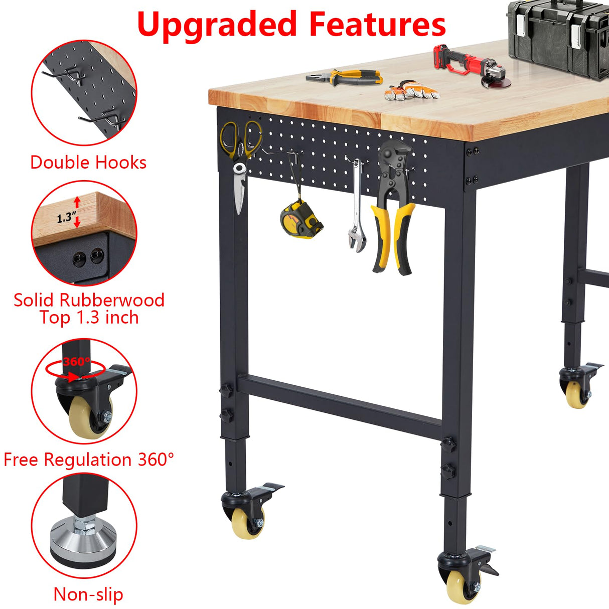 EuKer Workbench 72x25 Inch, Adjustable Height Worktable for Garage, Rubber Wood Top & Cold-Rolled Steel Table Workbench, Heavy Duty Workstation with Power Outlets & Wheels, 2000 Lbs Load Capacity Euker