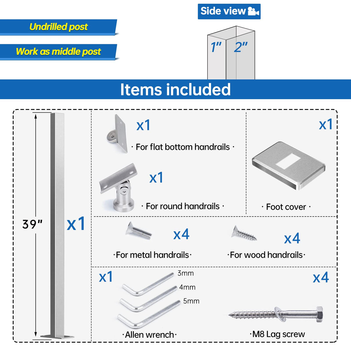 Muzata Intermediate Post Undrilled 42"x1"x2"(Post Body 39") Adjustable Top Cable Railing Post Top Mount Brushed Rectangular Stainless Steel Middle Post Wood Concrete Level Deck, PS11 LN4L Muzata