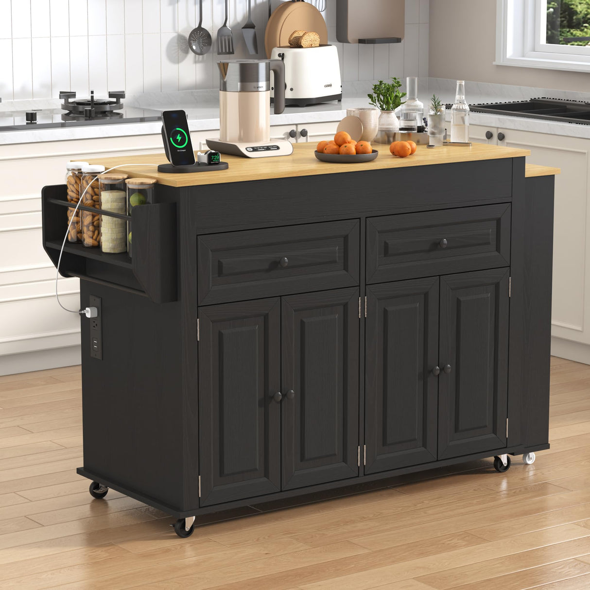 80"-48" Extendable Kitchen Island with Extended Dining Table and Power Outlet,Large Mobile Kitchen Storage Islands with 2 Storage Drawers,Rolling Islands Cart with 3 Extra Rows Open Shelves(Black) chartustriable