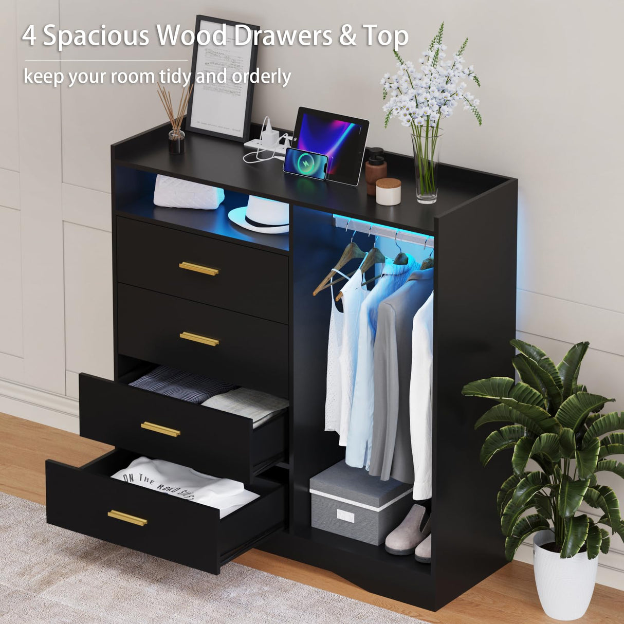 Wooden Dresser for Bedroom with Clothing Rack, Black 4 Drawers Dresser with Charging Station and LED Lights, Tall Clothes Dresser for Small Space Hallway Closet amzzar