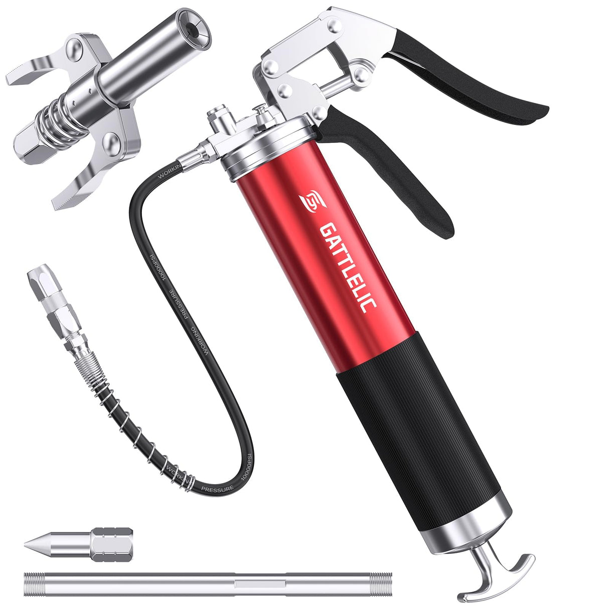 GATTLELIC 8000 PSI Heavy Duty Grease Gun Kit - 14oz with Flex Hose, Sharp Nozzle, Extension Pipe & Coupler, Red GATTLELIC