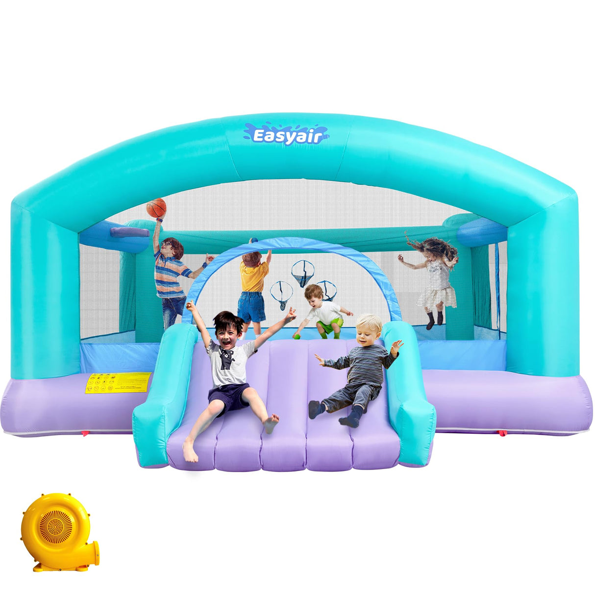 Easyair Large Bounce House for Big Kids, 14.8 x 14.5 FT Inflatable Bouncer Jumper Slide with 650W Blower, Basketball Hoop, Throw Ball Game, Ball Pits (Green, 177" L x 174" W x 94" H) Easyair