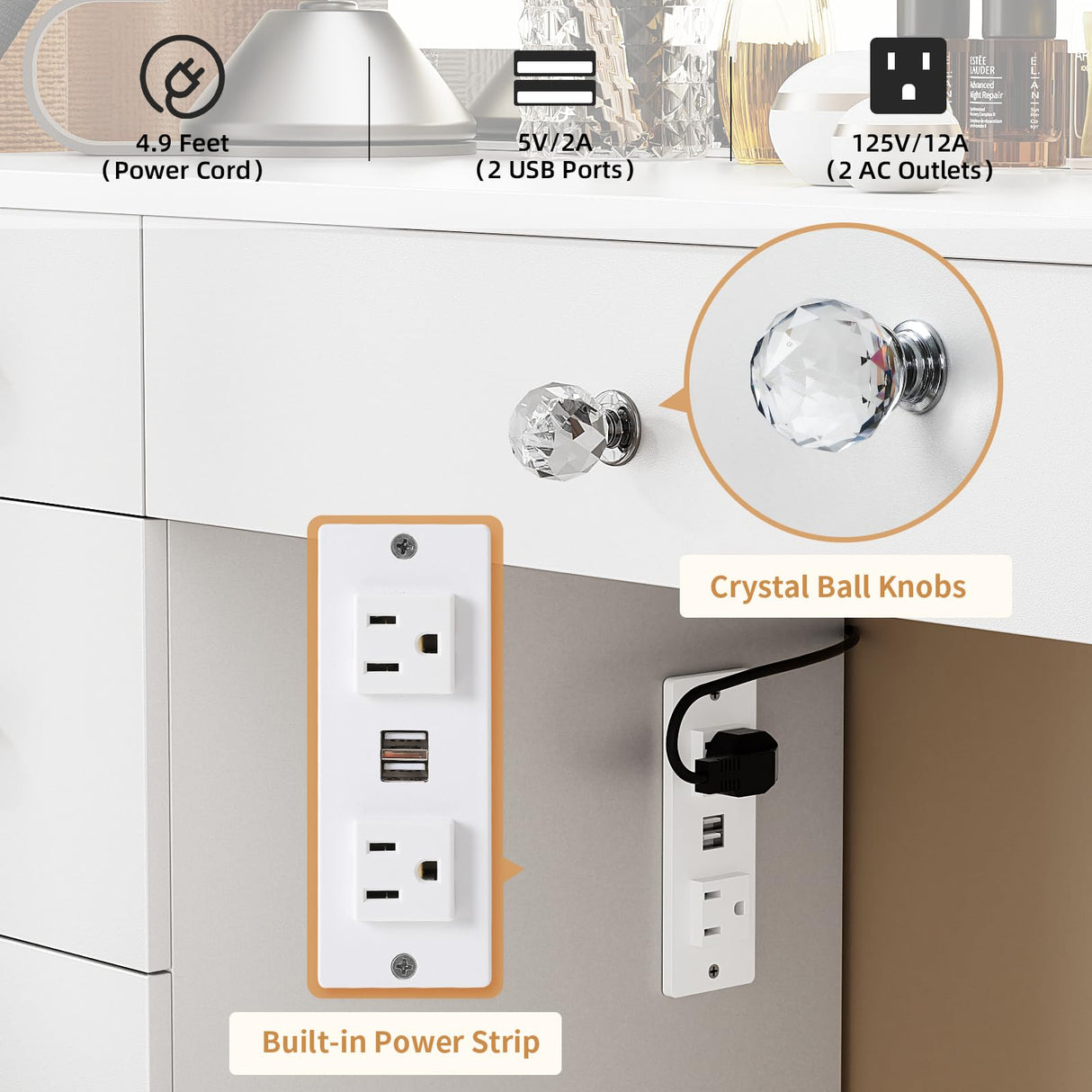 VOWNER Vanity with Lighted Mirror - Makeup Vanity Desk with Power Outlet and 9 Drawers, 3 Color Lighting Modes Adjustable Brightness, 43" Vanity Table with Soft Cushioned Stool for Bedroom, White VOWNER