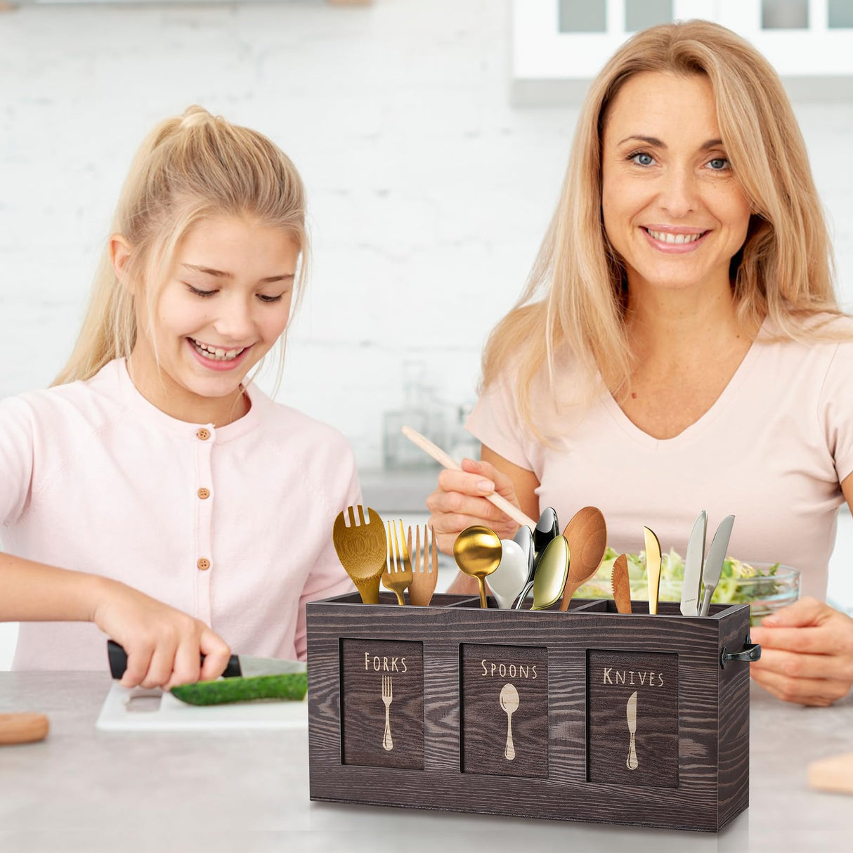 MINCORD Wood Flatware, Cutlery, Kitchen Utensil & Silverware Caddy Organizer Bin Holder for Kitchen Countertop, Perfect for Forks, Spoons, Knives MINCORD