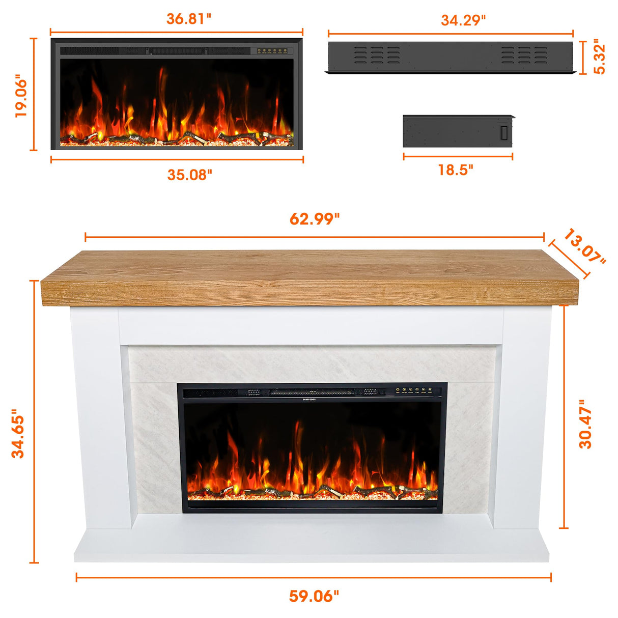 Weyderk 62"Electric Fireplace with Mantel for Living Room or Bedroom, Replaceable 36"Fireplace Insert Heater, Grey Marble Finish with Mantel, 3D Realistic Log and Flame Effect, Remote Control, Timer Weyderk