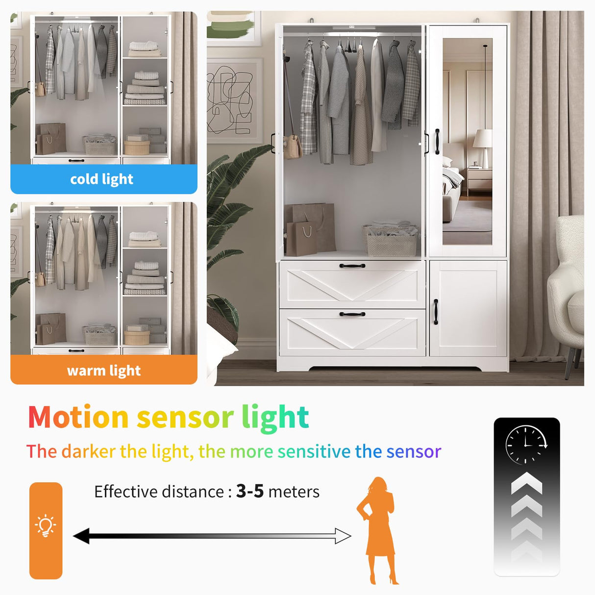 UZUGUL Armoire Wardrobe Closet with Mirror and 2 Drawers, 72''H Bedroom Armoire Wardrobe Cabinet with Hanging Rod and Light,Wooden Bedroom Closet with 3 Door UZUGUL