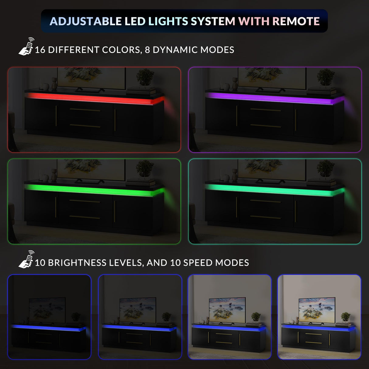 BELLEZE 67" TV Stand for TV up to 75", Modern Entertainment Center with LED Lights Change to Melody of Music, Media Console Table with Cabinets and Drawers for Living Room, Bedroom - Studio (Black) BELLEZE