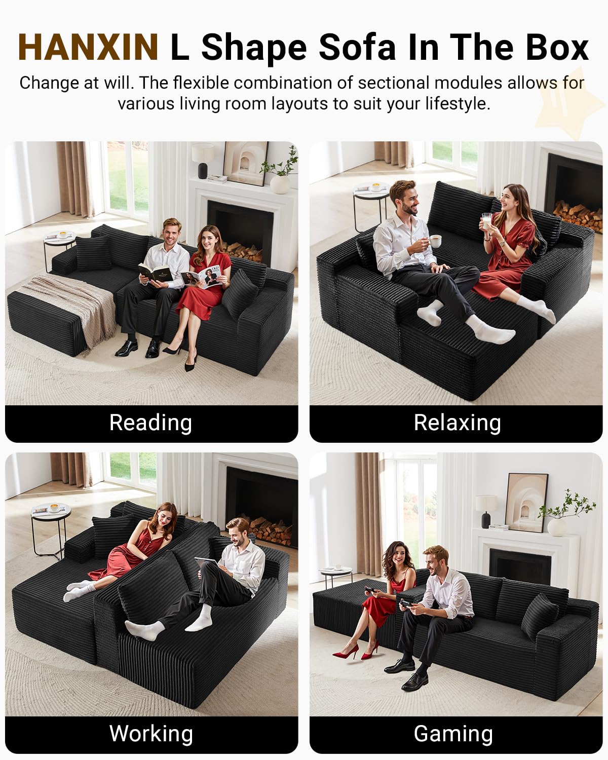 105 Inch Cloud Sectional Couch,Modern Modular Sectional Sofa with Deep Seat,Corduroy Boneless Couches with L-Shape Chaise for Living Room Bedroom,No Assembly Required (Black, Left Facing Chaise) HANXIN