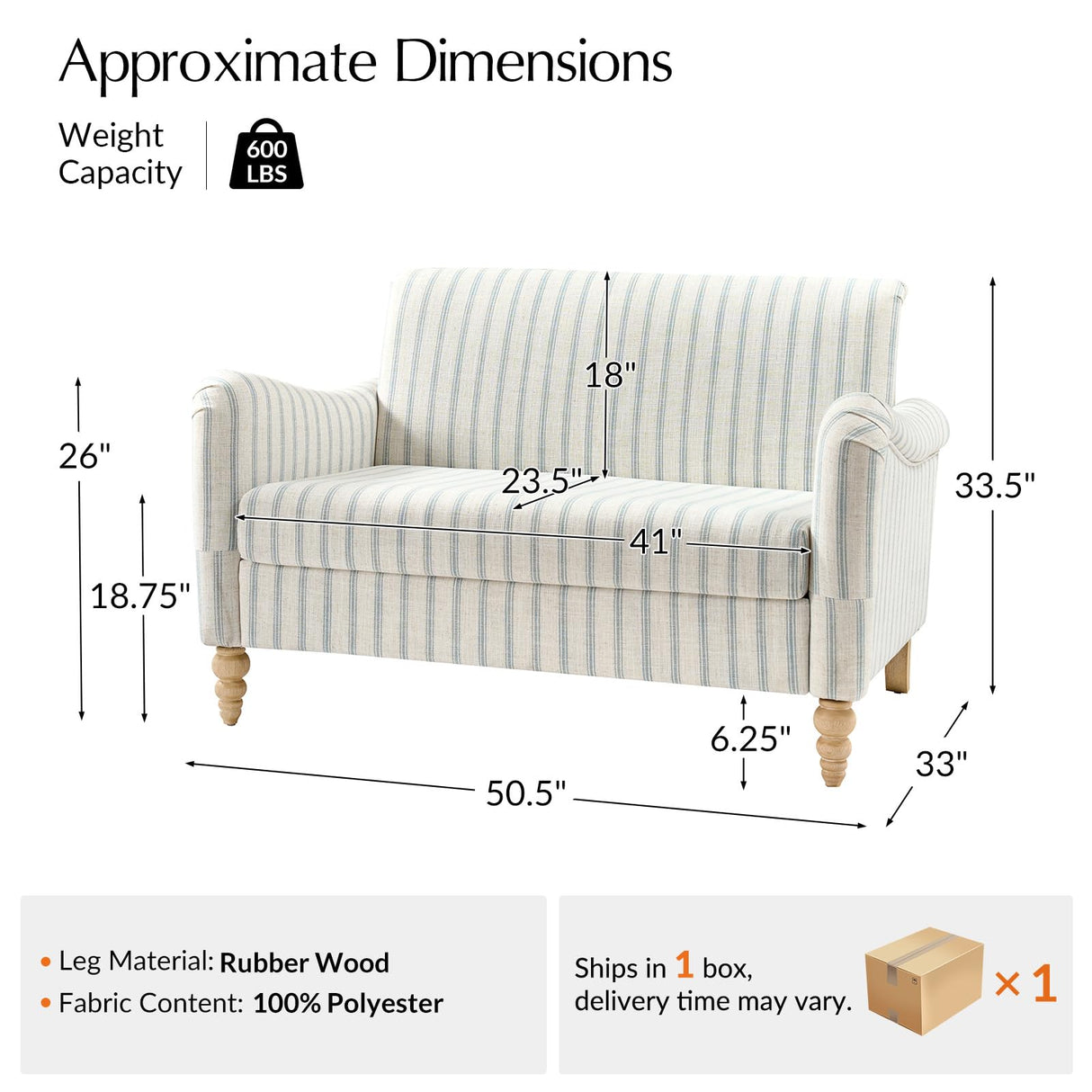 TerraSafe Loveseat Sofa for Living Room, 50.5" Small Love Seat, Comfy Upholstered Farmhouse Couches with Armrests for Bedroom, Office, Apartment, Blue TerraSafe