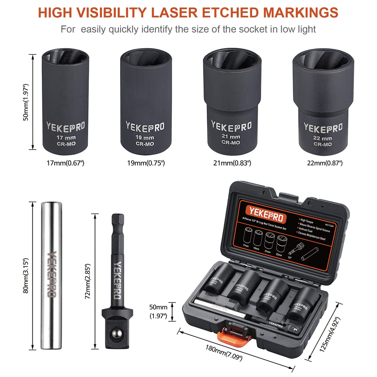 YEKEPRO 6 PCS Lug Nut Removal Tool, 1/2-inch Drive Impact Twist Socket Set & Bolt Extractor Set, Wheel Lock Removal Kit for Removing Damaged, Frozen, Rusted, Nuts & Screws, Cr-Mo Steel, T12206 YEKEPRO